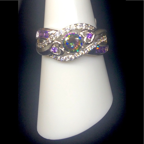 Gorgeous 925 Purple Green Topazs Hearts Infinity Lovers Ring - Picture 6 of 6